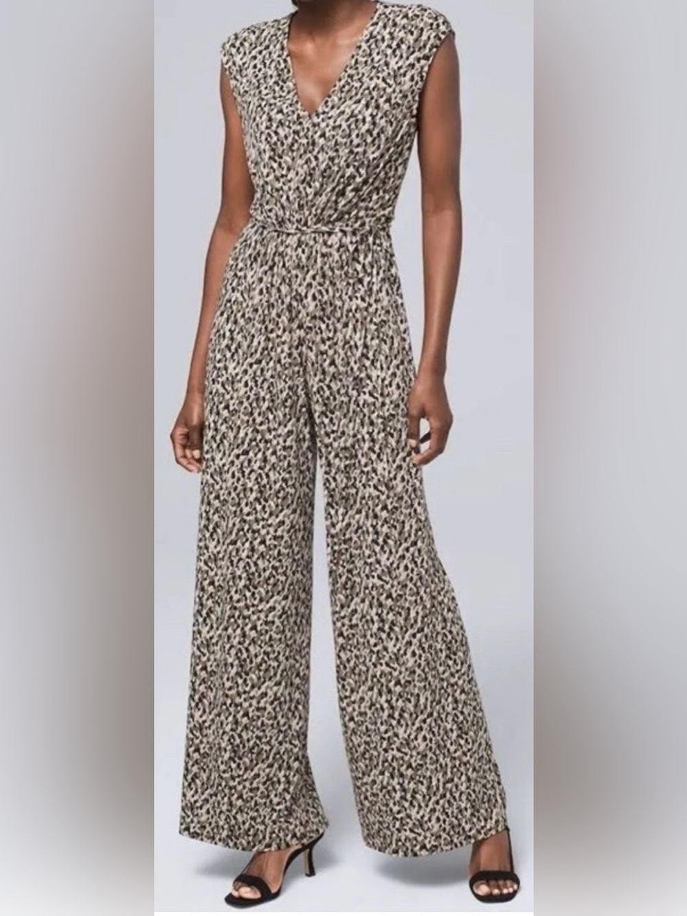 Black, Tan and Green Patterned V-Neck Jumpsuit